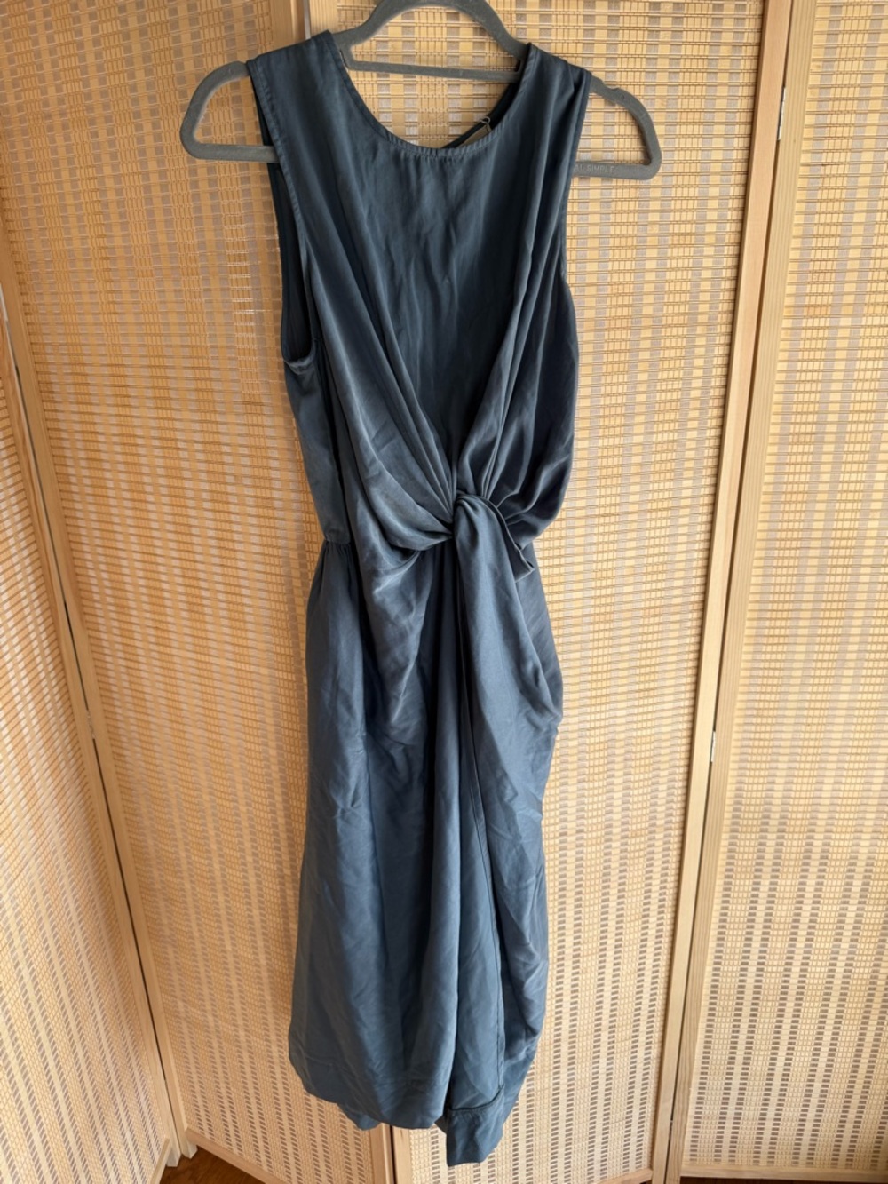 Everly Slate-Blue Sleeveless Midi Dress with Front Knot